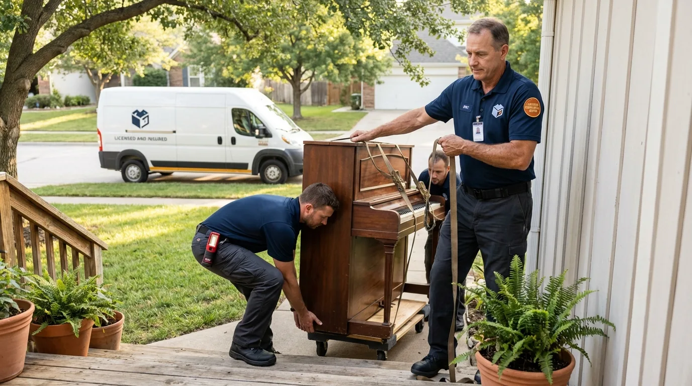 Licensed piano movers securing grand piano in Minonk, IL